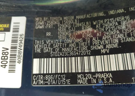 2006 Toyota Sienna Le from USA, damaged, VIN 5TDZA23C36S472012